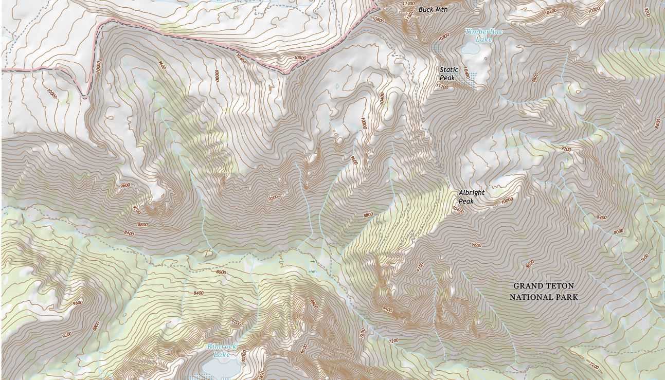 A portion of the 2017 US Topo map of Grand Teton, Wyoming, shown with shaded relief.