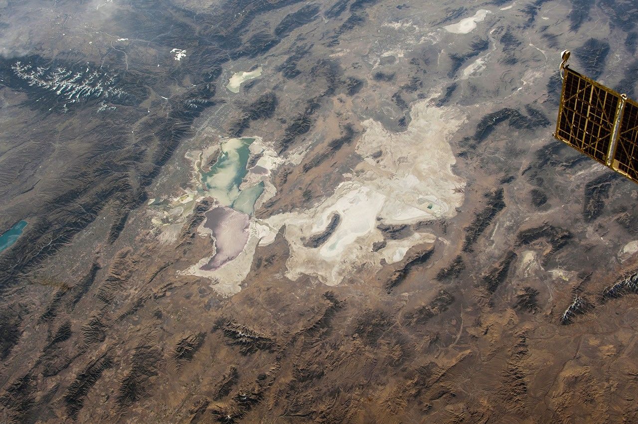Astronaut photograph of the Bonneville Salt Flats in northeast Utah.